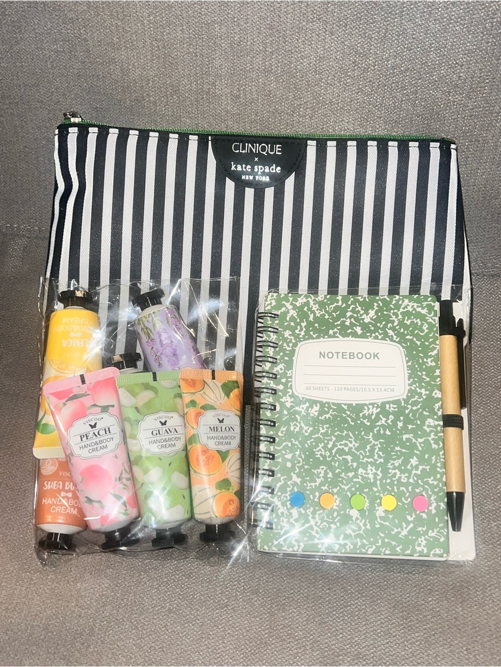 Kate Spade x Clinique Black and White Striped Cosmetic Pouch with Green Trim